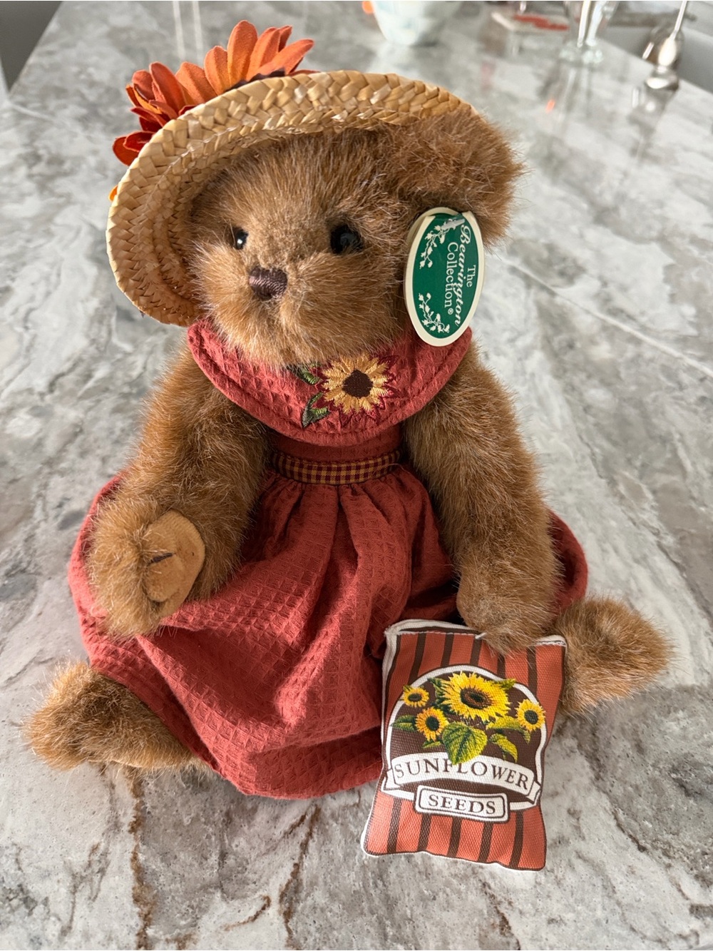 The Hamilton Collection Brown Teddy Bear in Red Sunflower Dress